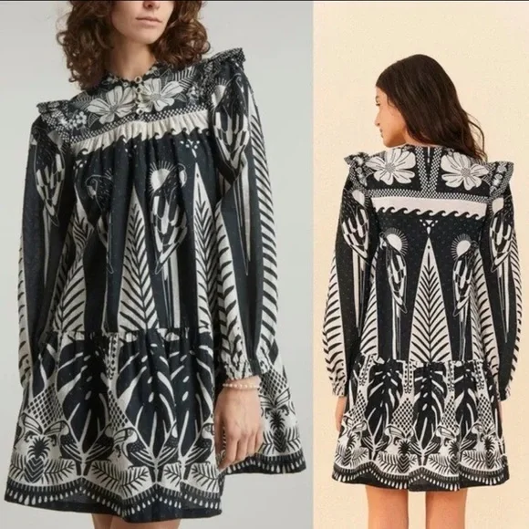 NWT FARM Rio Macaw Elegance Long Sleeve Mini Dress in Black/White - Size Medium - Picture 3 of 6